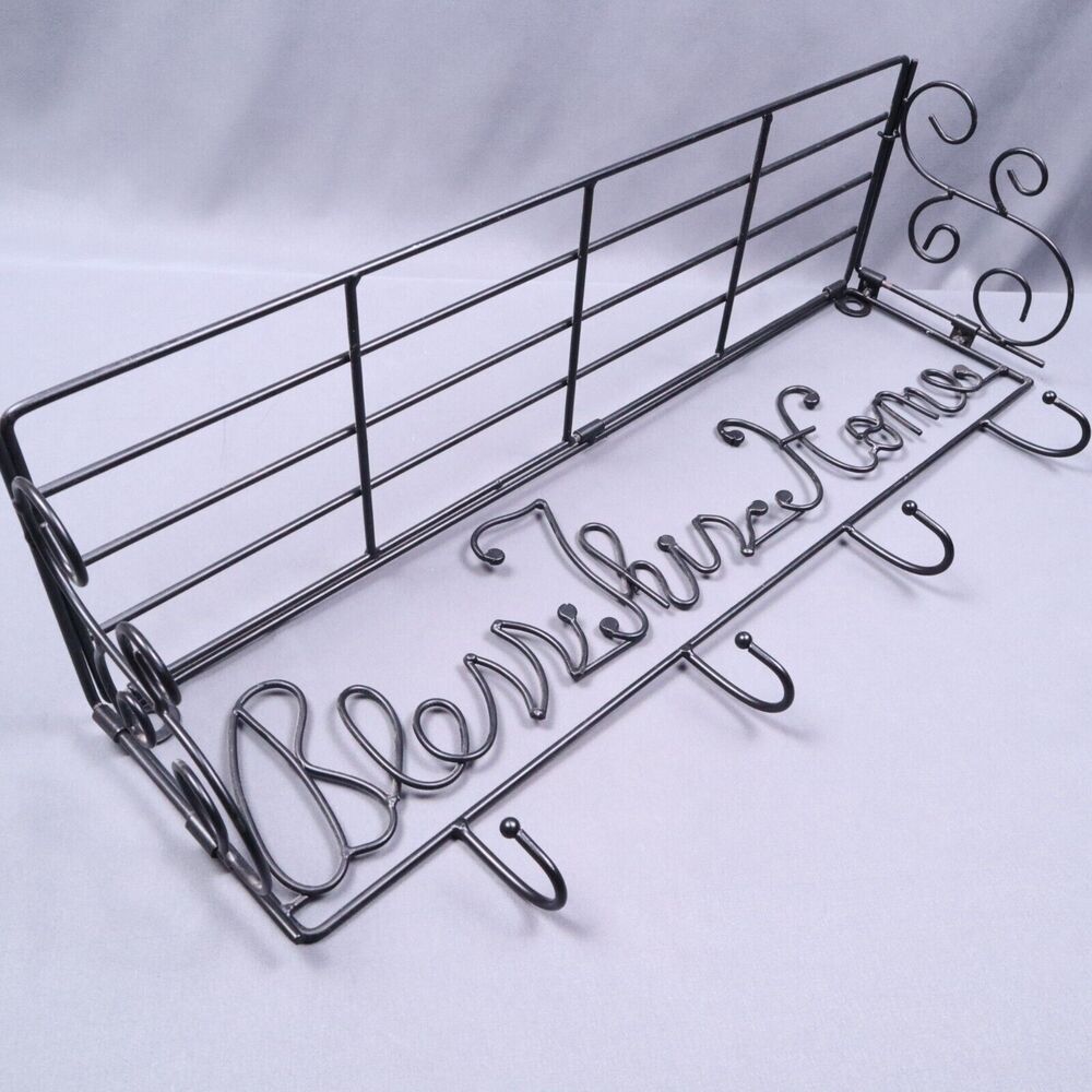 Wire Shelf with Hooks 22" long "Bless This Home" wall mounted foldable